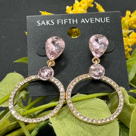Saks Fifth Ave Pink Teardrop Crystal Post With Drop Hoop Pave Earrings - Picture 6 of 8